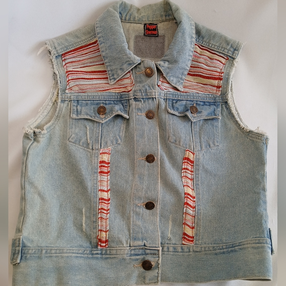 Women's Denim Vest - Light Blue and Red